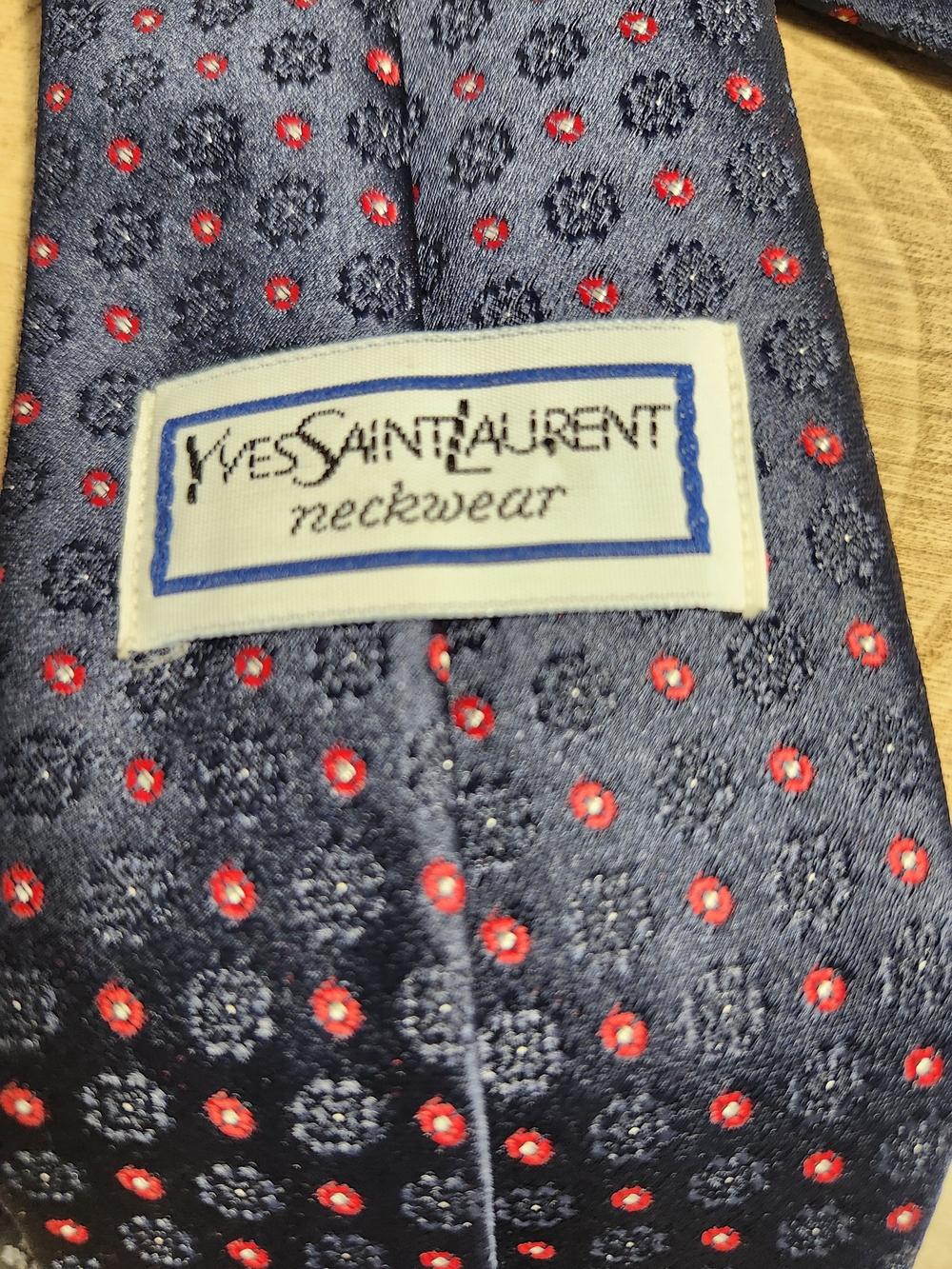 Yves Saint Laurent Navy Tie with Red Dot Motif